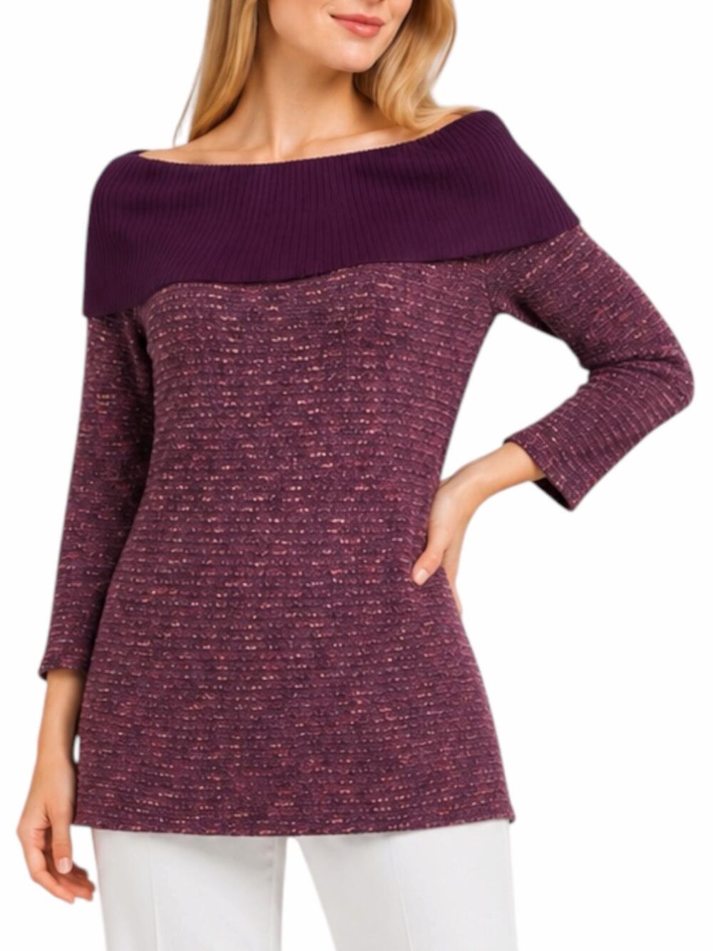St. John Boucle Knit Tweed Metallic Tunic Sweater Red Size 0P